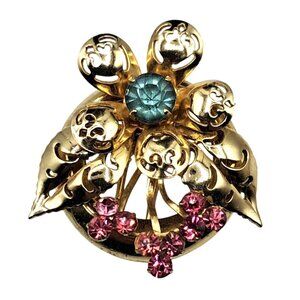 Vintage Coro Fur Clip Pink Blue Rhinestones Gold Tone Signed Costume Jewelry
